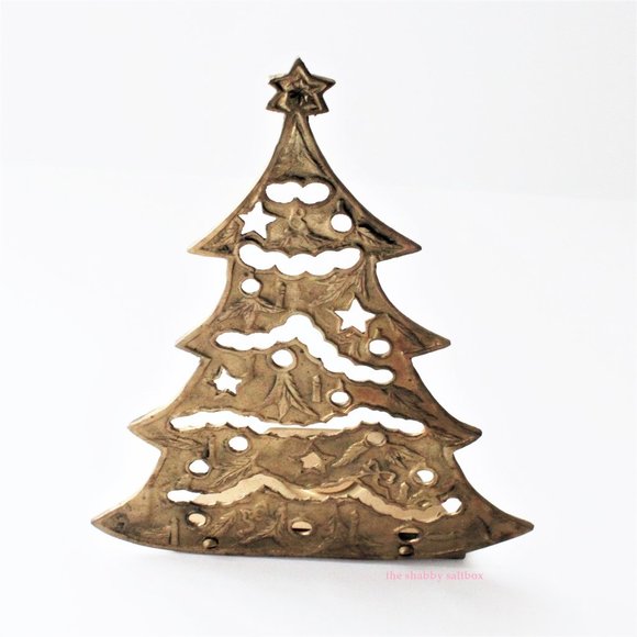 Brass Christmas Tree Votive Candle Holder Patina Cut Out Patina XMAS Holiday - Picture 1 of 11